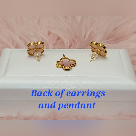 Set of Clover Earrings and Pendant only, Mother of Pearl Pinkish Tone 18K - Picture 5 of 14